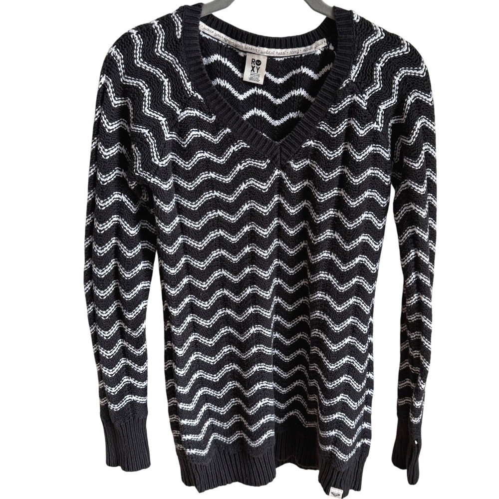 Retro‎ Surf Chevron Knit Sweater Black White Cozy Y2K Revival Roxy Medium